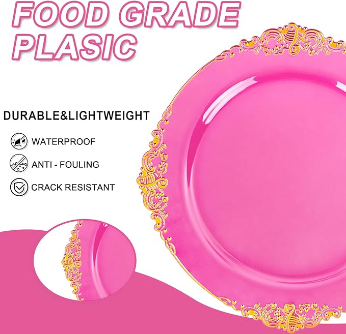 102PCS Clear Hot Pink Plastic Plates - Pink Disposable Plate with Gold Rim - Hot Pink Party Plates Easter Include 51PCS 7.5inch Dessert & 10.25inch Dinner Plate for Wedding Birthday Party