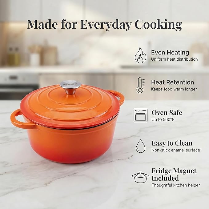 7QT Enameled Cast Iron Dutch Oven Pot with Lid,Heavy-Duty Cookware for Sourdough Bread Baking,Braising,Stews,Roasting,Oven Safe up to 500°F,orange