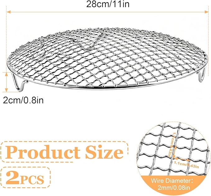 2 pcs Round Cooling Rack, 11'' Grill Wire Cooling Racks, Stainless Steel Cross Wire Cooking Racks, Round Grilling Rack with 20mm Legs for Cooking Baking BBQ Air Fryer Oven Enamel Pot
