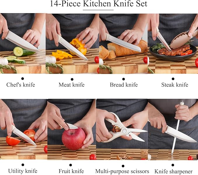 Knife Set, 14-Piece Kitchen Knife Block Set Dishwasher Safe with Wood Block and Sharpener,Non Stick Sharp Stainless Steel Chef Knife Sets for Cooking