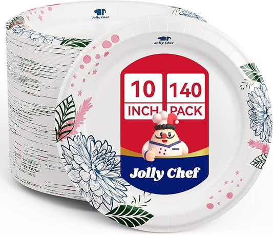 JOLLY CHEF 𝟭𝟰𝟬 𝗖𝗼𝘂𝗻𝘁 𝗣𝗮𝗽𝗲𝗿 𝗣𝗹𝗮𝘁𝗲𝘀 𝟭𝟬 𝗶𝗻𝗰𝗵 Soak Proof, Cut Proof, Heavy Duty Flower Printed Disposable Paper Plates for Everyday Use