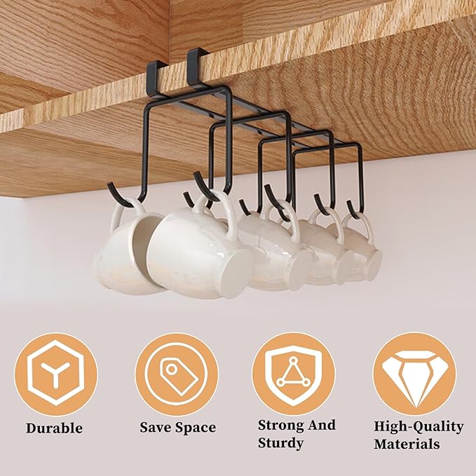 Mug Holder Under Cabinet,2pcs Coffee Mug Organizer for Kitchen,Fit for 0.8 Inch Thickness Shelf or Less,Nail Free Adhesive Coffee Cups Holder Hanger for Cups/Kitchen Utensils/Keys Storage (Black)