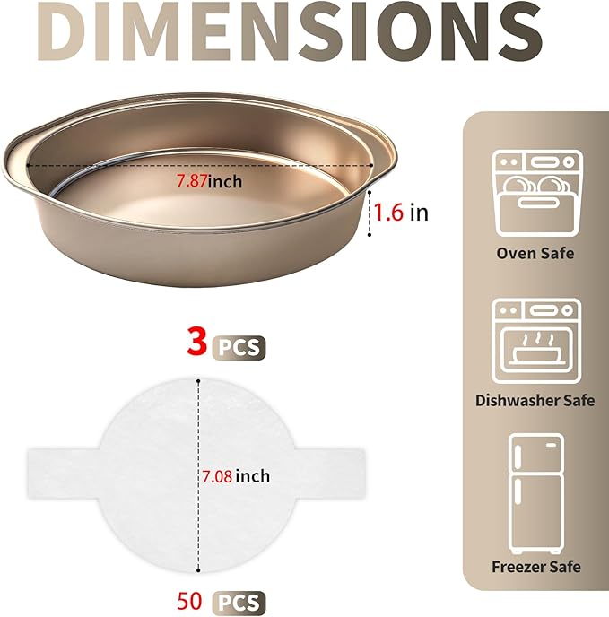 8 Inch Cake Pan, 3PCS Nonstick Round Baking Pans with 50PCS Parchment Papers, Durable Birthday Circle Cake Baking Pan with Handle for Multi-Layer Cakes, Dishwasher Safe