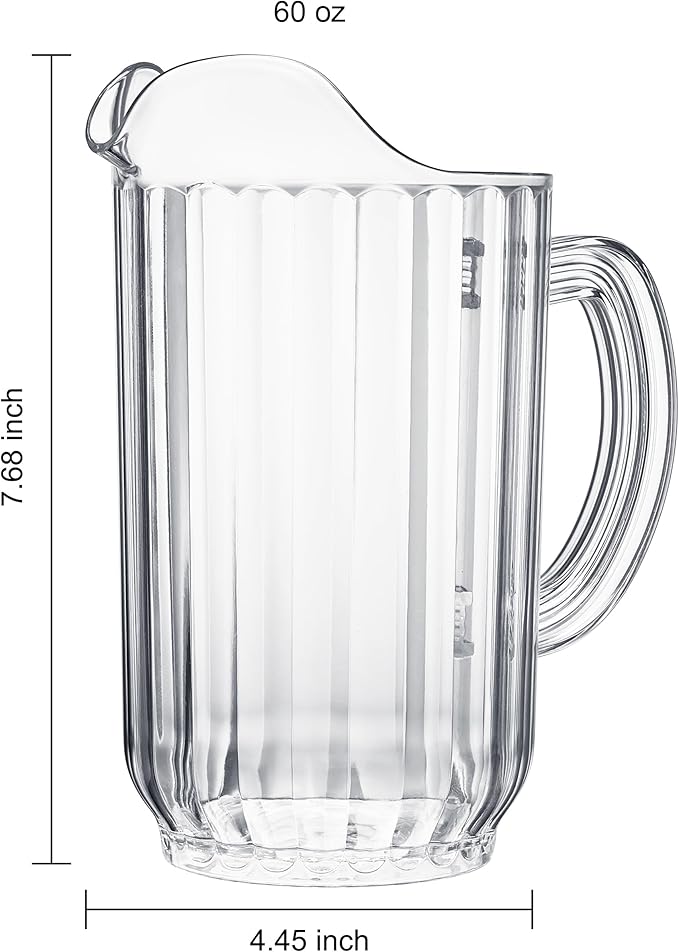 2-Pack Unbreakable Plastic Beer Pitcher, 60 oz, Restaurant-Grade Polycarbonate, Clear Beverage Dispenser with Pour Spout, Dishwasher-Safe, Ideal for Beer, Sangria, Lemonade Iced Tea Outdoor or Indoor