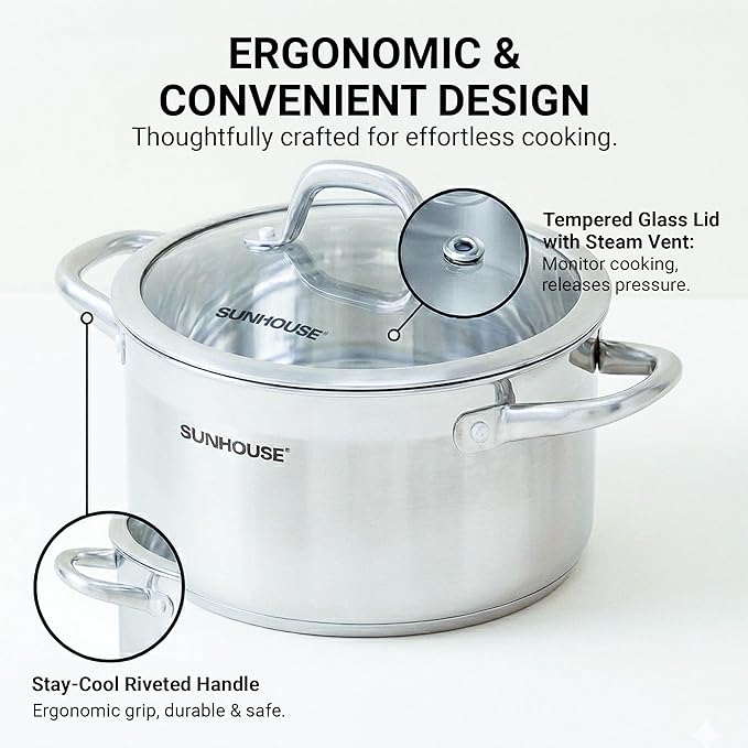 Sunhouse Professional 6.2-Quart Whole-Clad Multi-Ply Stainless Steel Stock Pot with Lid - Premium 18/10 Whole Body Clad Stock Pot - Induction Ready, Oven Safe & Dishwasher Safe Cooking Pot