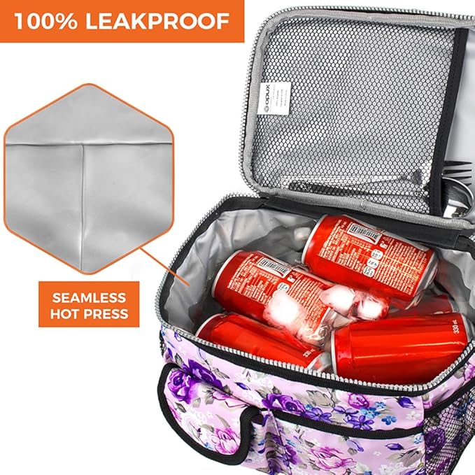 opux Insulated Lunch Bag for Men Women, Leakproof Floral Purple Lunch Box for Work, Portable Soft Lunch Cooler Bag with Shoulder Strap, Adult Lunchbox Lunch Pail for Kid Boy Girl School, 14 Can/8L