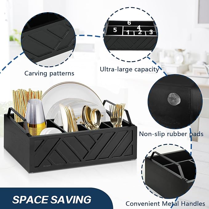 Paper Plate Dispenser and Holder for Kitchen Counter, Wood Rustic Silverware Utensil Caddy, Cutlery Flatware Organizer Box for Cups Spoons Forks Napkins, Kitchen Accessories