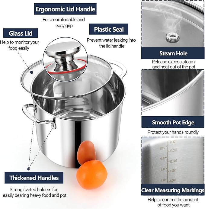 P&P CHEF 12 Quart Stainless Steel Stock Pot with Lid, Large Stockpot for Cooking Pasta Soup, Cookware for Induction Gas Electric Stoves, Visible Lid & Measuring Markings, Dishwasher Safe