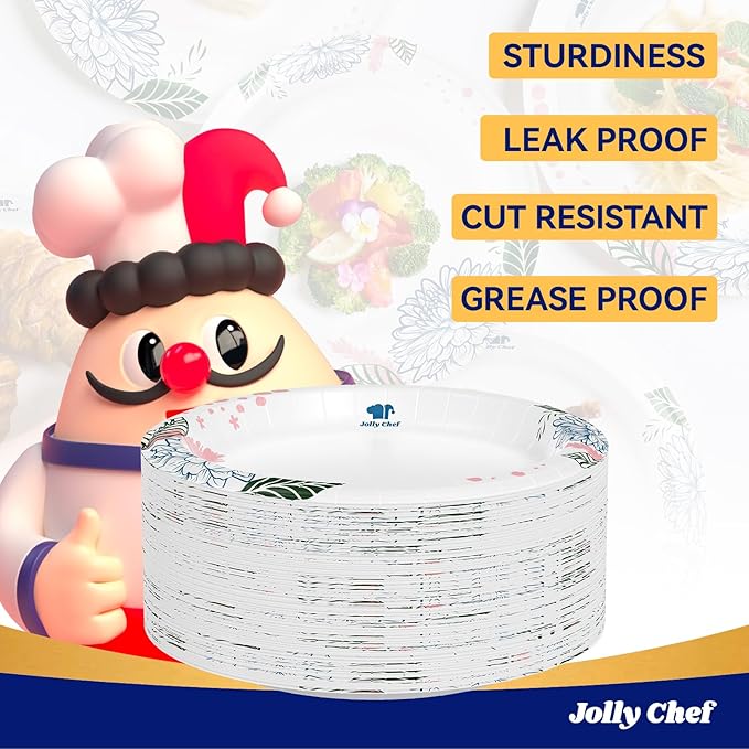JOLLY CHEF 280 Count Paper Plates 8.37 inch Soak Proof, Cut Proof, Heavy Duty Flower Printed Disposable Paper Plates for Everyday Use, Thanksgiving, Christmas Day