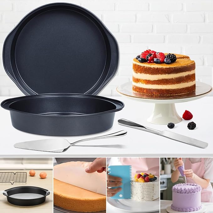 Cake Pan Set - 138 Piece 8-inch Round Cake Pans, Carbon Steel Cake Pan with Handles, Cake Decorating Kit with Parchment Papers, Piping Bag and More Accessories