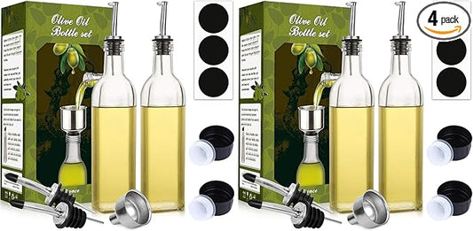 AOZITA 4 Pack 17 oz Glass Olive Oil & Vinegar Dispenser Bottle Set - 500ml Clear Cruet Bottle with Pourers, Funnel and Labels - Olive Oil Carafe Decanter for Kitchen
