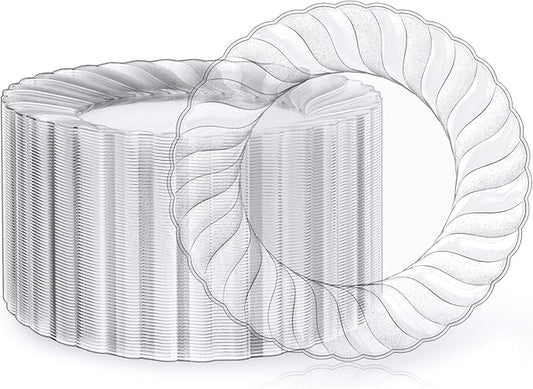 FOCUSLINE 100 Count Clear Plastic Plates 9 Inch, Disposable Heavy Duty Dinner Plates- Premium Hard Plastic Plate Fancy Disposable Clear Plates for Weddings, Parties and Events