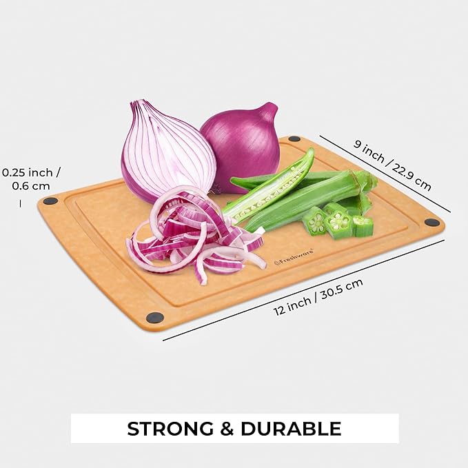 Freshware Wood Cutting Board for Kitchen, Juice Groove, Non-Slip Silicone Feet, Dishwasher Safe, Medium, 12" x 9", Natural