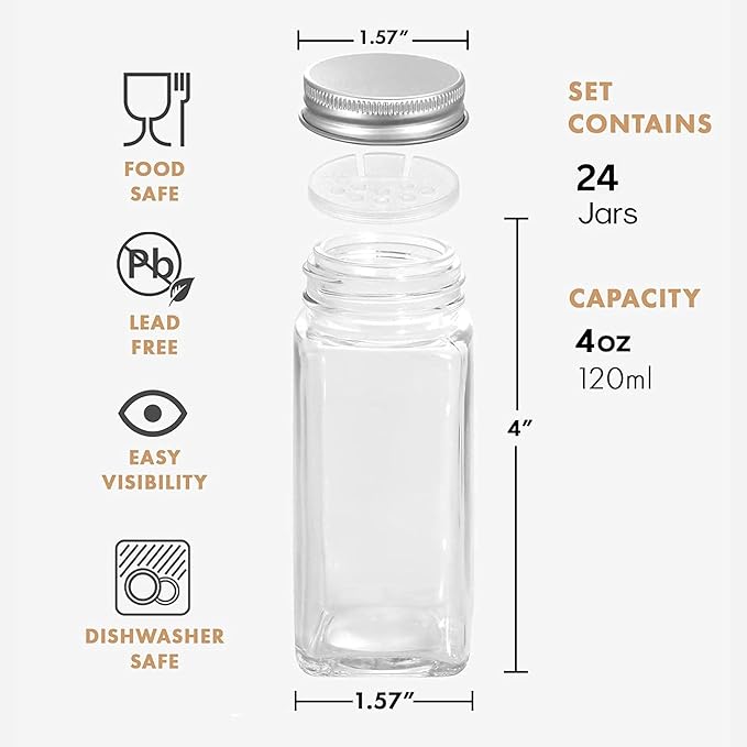 RoyalHouse 24 Pcs Glass Spice Jars/Bottles - 4oz Empty Square Spice Containers with Spice Labels and Airtight Metal Caps with Shaker Lids