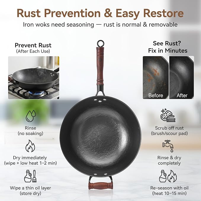 WANGYUANJI Cast Iron Wok Pan with Lid, 12.6 Inch Flat Bottom Uncoated Stir Fry Pan, Traditional Chinese Hand-Cast Deep Iron Pot for Electric Induction & Gas Stoves, Heavy Duty Cookware