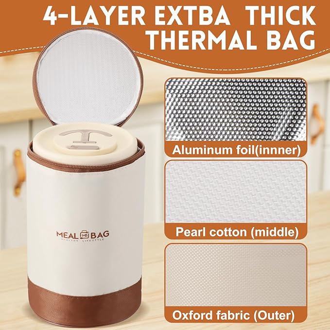 Dandat 3 Pcs Portable Insulated Lunch Container Set for Adult, Stackable Stainless Steel Bento Box for Hot Food with Insulated Lunch Bag Unisex 3 Separate Thermal Food Container(Beige,Round)