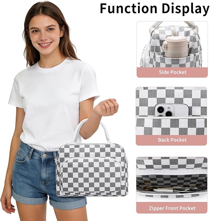Lunch Box for Women Insulated Lunch Bag Women Adult Cute Lunch Bags Reusable Lunchbox Cooler Tote Bag for Work Picnic (White-Gray)