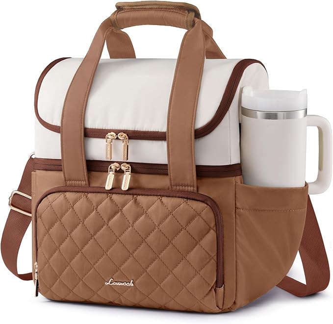 LOVEVOOK Insulated Lunch Bag For Women,Large Double Deck Adult Lunch Box,Teacher Lunch Tote Bag With Cup Holder,Leakproof Cooler Bag With Adjustable Shoulder Strap For Work Picnic Beach,Larger 15L