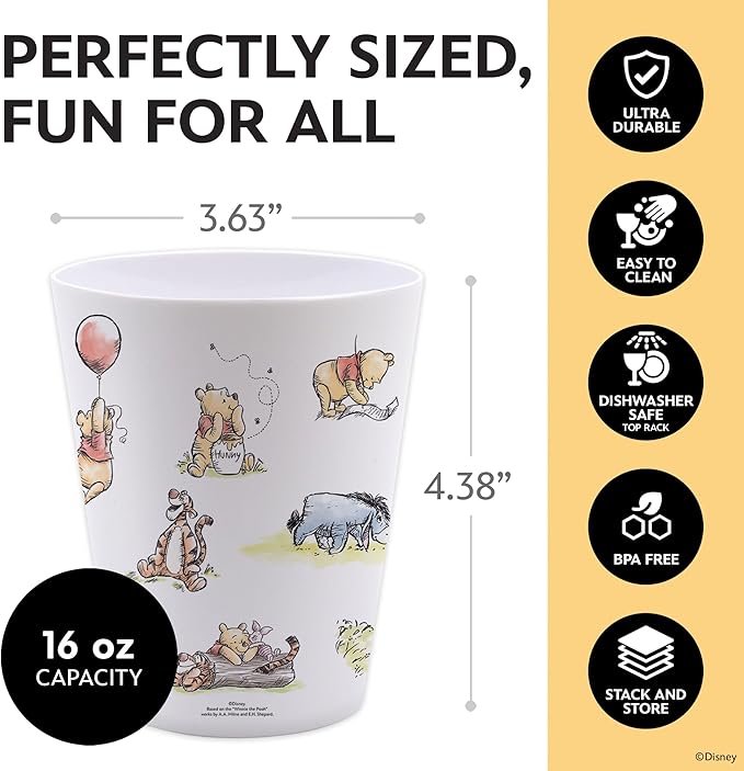 Disney Reusable Plastic Cups – 4 Pack 16 oz Plastic Drinking Glasses with Mickey, Stitch, Pooh, or Disney100 Designs – BPA-Free, Stackable, Top Rack Dishwasher Safe Tumblers for Water, Juice & More