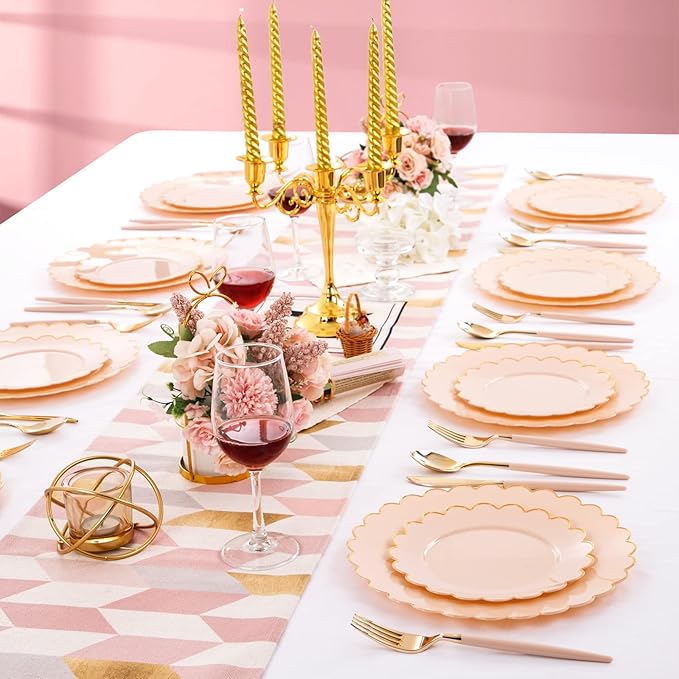 LIYH 60 Pcs Pink Plastic Plates with Gold Pink Plates Disposable Plate Includes 30 Dinner 10.25" and 30 Dessert Plate 7.5" for Easter,Baby Shower,Weddings,Parties,Birthday