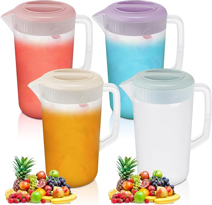 Uiifan 4 Pcs Plastic Water Pitcher with Lid,Spout and Handle Plastic Juice Pitcher Tea Beverages for Fridge Water Carafe Jug for Lemonade Milk Cold Drink Home Daily Party(Multicolor,1 Gallon)
