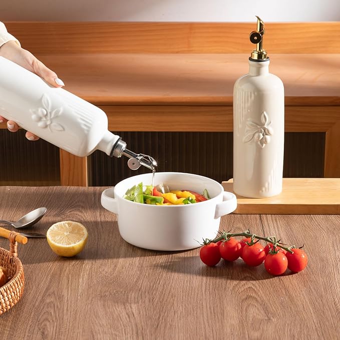 Sweejar Ceramic Olive Oil Dispenser Bottle for Kitchen Counter, 20 oz Oil Dispenser with Gold Spout, Avocado Oil Cruet for EVOO, Vinegar, Oil Container for Cooking, Pack of 1 (White)