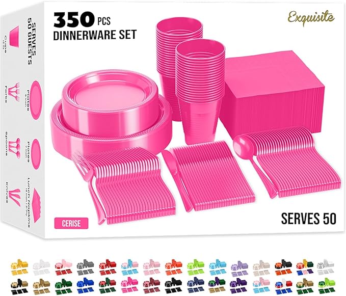 350 Pcs Cerise Plastic Plates For Party, Cerise Disposable Plates Set, 50 Of Each 9" Dinner Plate Set, 7" Dessert Plate, Cups, Napkins & Cutlery Plastic Dinnerware Set Exquisite