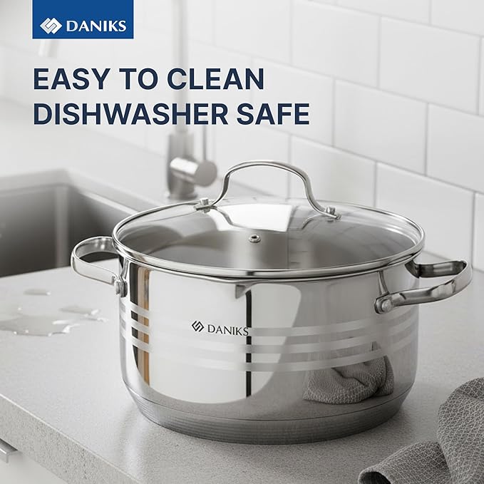 Daniks Tokio Stainless Steel Stock Pot 4.5 Quart, with Glass Strainer Lid, Induction Ready, Dishwasher Safe, Measuring Scale, Silver