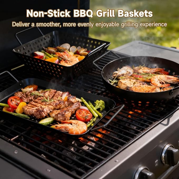 Grill Baskets, Heavy Duty BBQ Grilling Baskets 3PCS Outdoor for Vegetables Meat Seafood, Non-Stick Perforated Grill Pans Tray for Charcoal Grills Grilling Accessories
