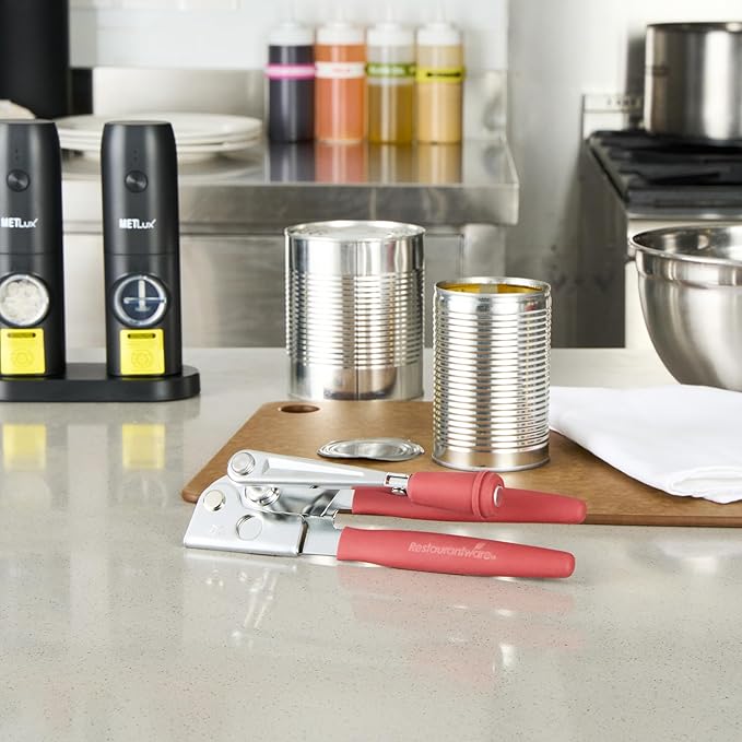 Restaurantware Stainless Steel Magnetic Manual Can Opener - 36 Pack - German Standard Red Crank Can Opener with Magnet, Ergonomic Handles, Non-Slip - Heavy-Duty Hand Can Opener, Easy Turn, Sharp Blade