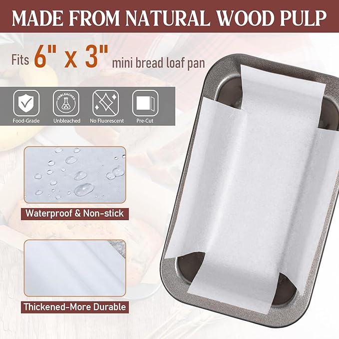 Webake 200Pcs Unbleached Parchment Paper Mini Loaf Pan Liners for 6x3 Small Banana Bread Pan, Original Precut, Non Toxic Baking Papers