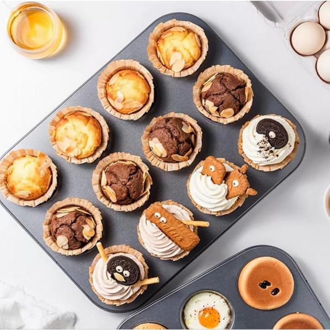 12 Cup Muffin Pan，Carbon Steel Cupcake Pan Muffin,Nonstick Cake Molds/Tin,for Baking Muffins Cupcakes, BPA Free,Easy Release & Clean, Oven Safe–Set of 2 (black)