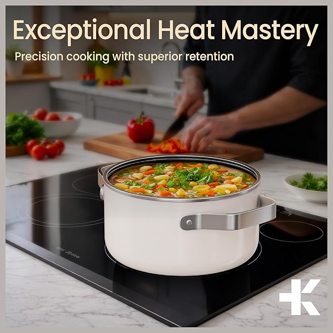 Bakken 3 Quart Ceramic Coated Stock Pot with Lid, Easy to Clean Nonstick Pot, Tempered Glass Lid, Riveted Stainless Steel Handles, Oven Safe Up To 500°F, PTFE & PFAS Free, All Stove Compatible, Cream