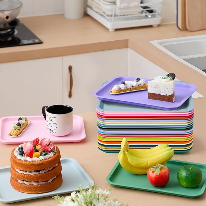 Mumufy 24 Pcs Plastic Fast Food Trays Bulk Colorful Restaurant Serving Trays Cafeteria Rectangular Plastic Serving Platter Grill for Kitchen Restaurant Coffee (Retro Color)
