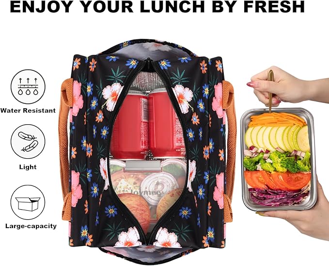 Joymee Lunch Bag Women Insulated Lunch Box Reusable Leakproof Large Spacious Cooler Tote for Women Men Adult with Bottle Holder and Side Pockets for Work Office Travel Picnic -Black Floral