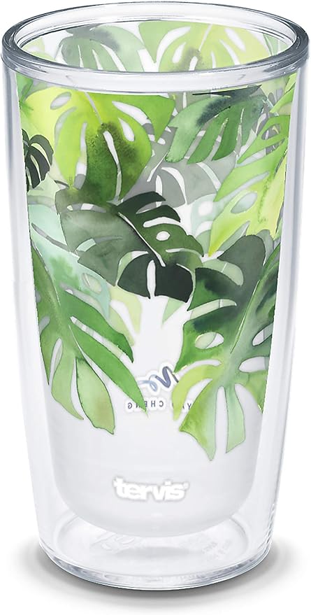 Tervis Yao Cheng Green Crystal Made in USA Double Walled Insulated Tumbler Travel Cup Keeps Drinks Cold & Hot, 16oz, Philodendron