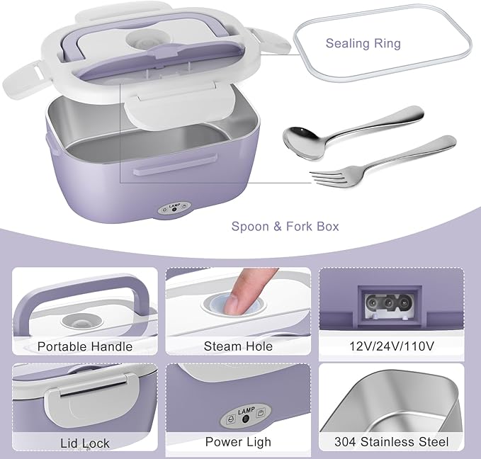 Electric Lunch Box Food Heater - 3 in 1 Portable Leakproof Heated Lunch Box for Car/Home/Adults with 1.5L Removable 304 Stainless Steel Container, 60-80W, 12V/24V/110V (Light Purple)