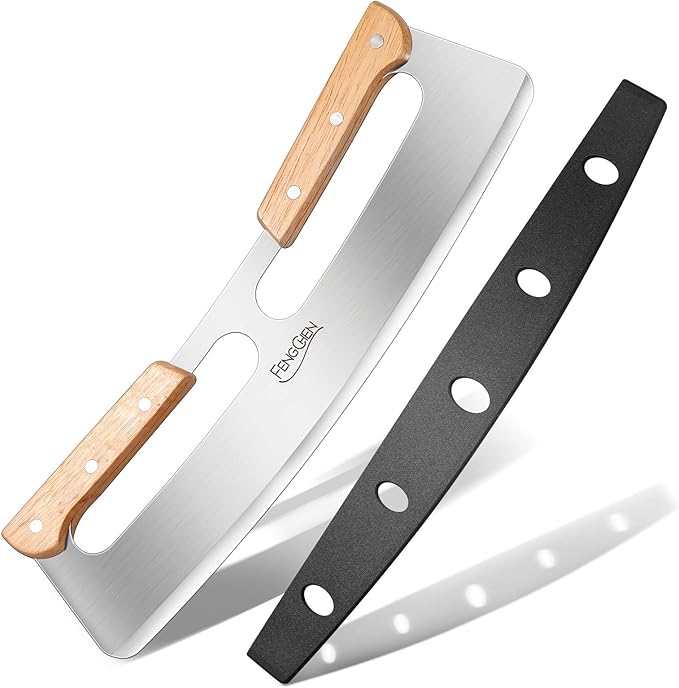 FENGCHEN 14Inch Pizza Cutter Rocker Style , Very Sharp Stainless Steel Pizza Blade Slicer,Suitable For Fruit Salad Bread Type Chopped Sliced ,Black Protective Case Double Wooden Handle Handle