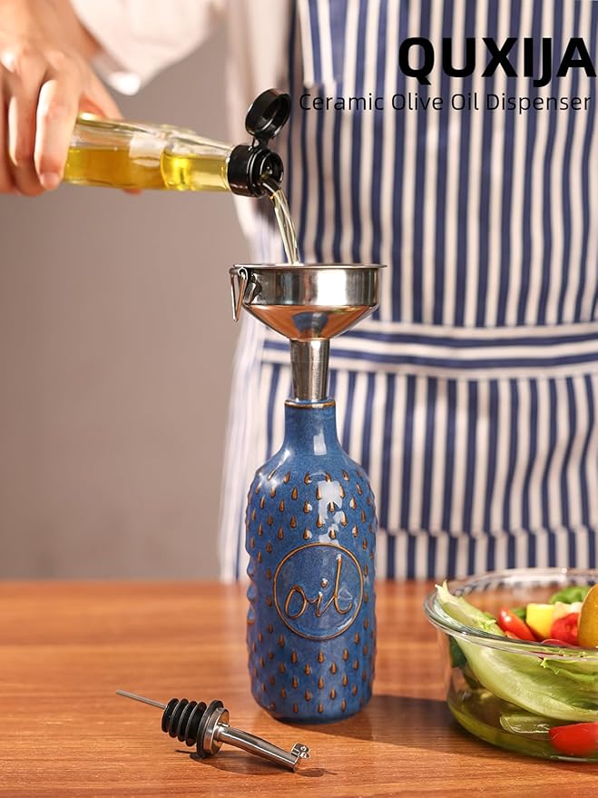 Ceramic Olive Oil Dispenser Bottle,15 Oz Oil Dispenser for Kitchen Counter,Suitable for Storage Oil, Vinegar, Coffee Syrups & Other Liquids (Vintage Blue)
