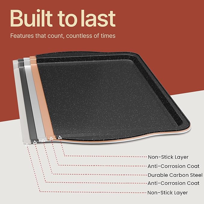 Bakken Swiss Cookie Sheet 3 Piece Set - Non-Stick, Stackable Baking Pans, Gray marble Deluxe Ceramic Coating – Dishwasher Safe - for Home Baking