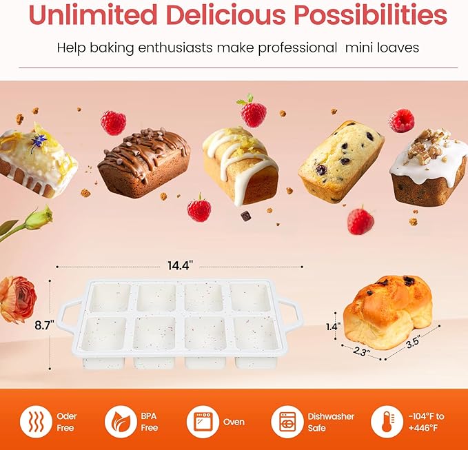 SJ Silicone Mini Loaf Pans with Metal Reinforced Frame-1 Pack, Non-stick Silicone Mini Bread Loaf Pans for Baking 8-Cavity, Tiny Banana Bread Set, Dishwasher Safe Brownie Pan-Cream