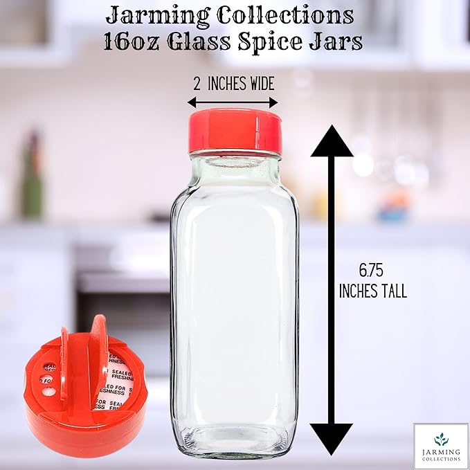 JARMING COLLECTIONS 16 oz Glass French Square Spice Jars with Shaker Lids - Elegant Design for Food Storage and Kitchen Organization - Enhance Your Spice Storage – Made in USA