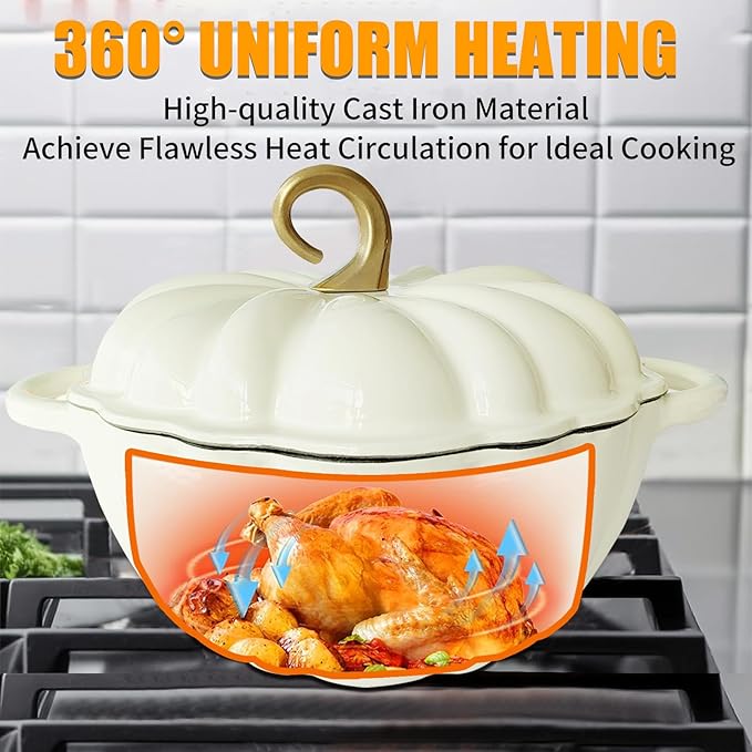 Pumpkin Cast Iron Dutch Oven with Lid, 4.5QT Heavy-Duty Enameled Pot with Dual Handles, Serves 3-5, Oven Safe for Bread Baking, Braising, Cooking and Family Gifts, White