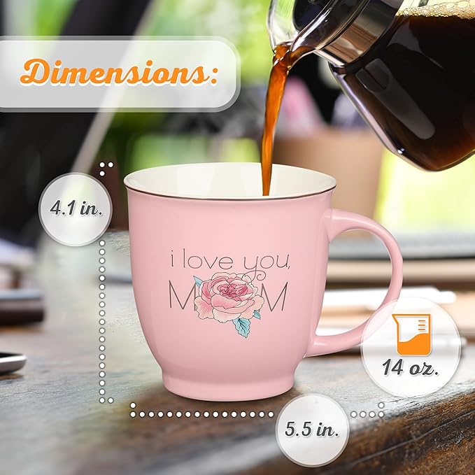 Christian Art Gifts Pink Floral Ceramic Coffee Mug – 14 oz. Lead and Cadmium-free Inspirational Scripture Coffee and Tea Mug for Mothers with Encouraging Words: I Love You Mom & Bible Verse: Prov.3:15