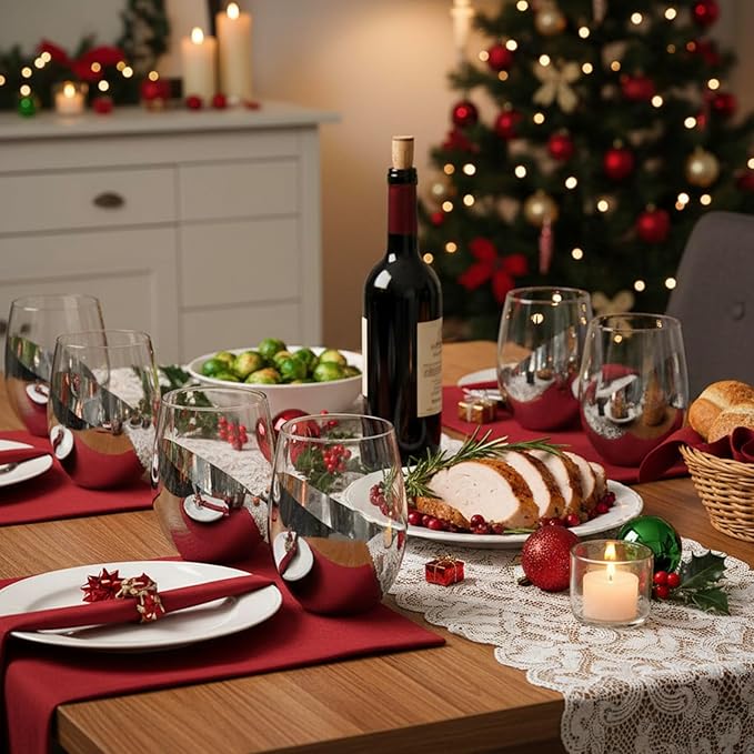 MyGift Modern Stemless Wine Glass Set of 6, White or Red Wine Glasses with Silver Metallic Bottom Angled Design
