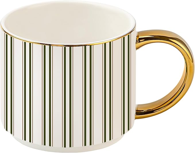 Sweet Water Decor Green Stripe Coffee Mug, 14oz China Christmas Mug with Gold Handle, Large Holiday Winter Cup for Coffee, Tea & Hot Chocolate, Stocking Stuffer Gifts for Women
