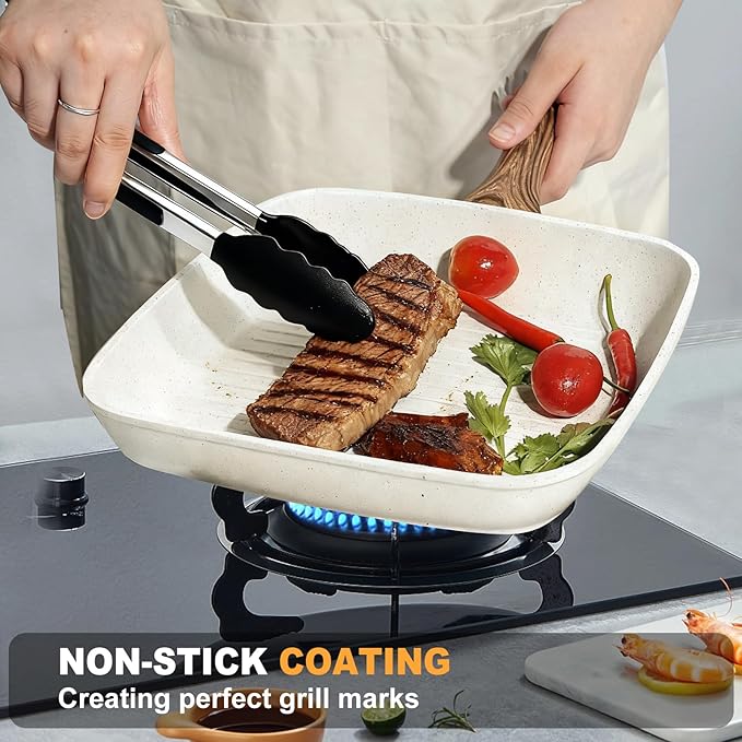 OLIXIS Nonstick Frying Pan Skillet Set, 3 Piece Square Grill Pans for Indoor Outdoor RV Camping Cooking, PFOA Free Skillet Set with Stay Cool Handle, Compatible with All Stovetops (9.5" 10" 11") White