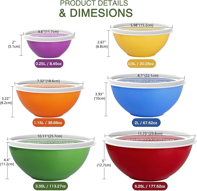 6-Piece Plastic Mixing Bowls Set with Airtight Lids, Nesting Bowls for Space Saving, TPR Sealed & PP5 Leak-Proof Lids, for Baking, Prepping & Serving, Dishwasher Safe (Red)