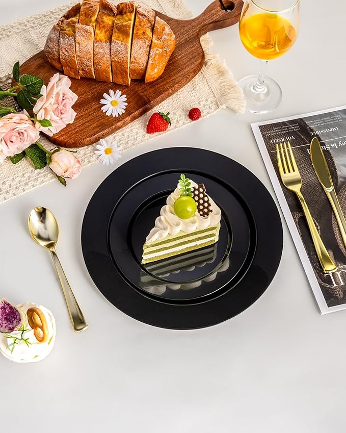 BESTVIP 200PCS Black Plastic Plates, Disposable Party Plates with 100 Dinner Plates and 100 Dessert Plates, Plastic Plates for Party, Wedding, Birthday (Black, 200PCS)