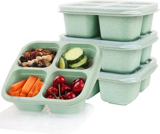 4 Pack Snack Box Containers, 4 Compartment Reusable Snack Containers with Lids, Microwave Dishwasher Safe, Divided Food Storage Lunchable Container for Work Travel (Green)